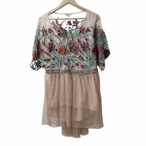 Tassels N Lace Women Embroidered Floral Tulle Blouse Top Size 1X Boho Mesh Artsy
